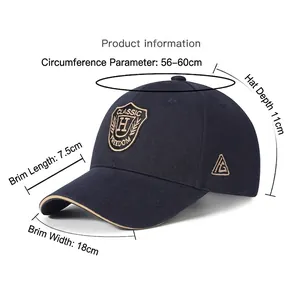 Navy blue cotton baseball cap with shield embroidery and detailed size measurements