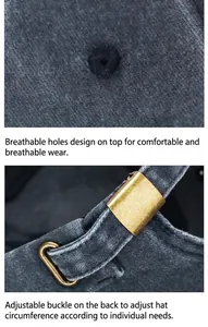 Détail de la casquette en denim gris foncé avec œillets brodés et boucle réglable en métal