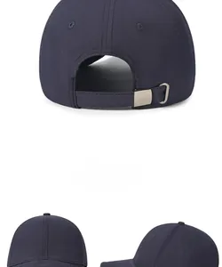 Detail view of adjustable metal buckle and strap on navy cotton baseball cap