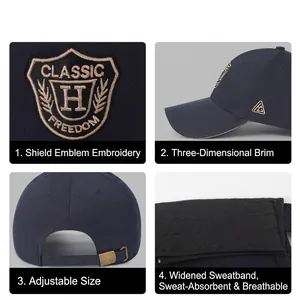 Navy cotton baseball cap featuring classic shield embroidery and adjustable metal buckle strap
