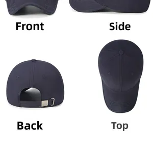 Detailed views of navy blue cotton baseball cap showing front side back and top angles