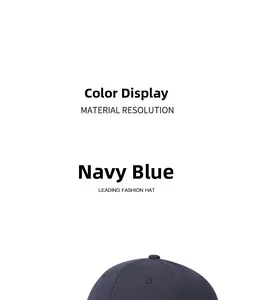 Detail view of navy blue washed cotton baseball cap featuring top button and eyelets