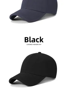 Close-up of black and navy cotton baseball caps showing stitching and curved brims