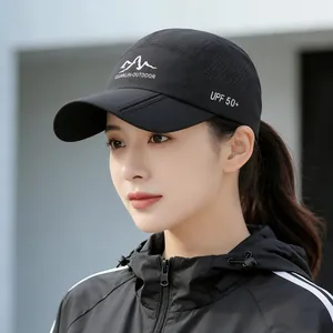 Quick-dry breathable black baseball cap with mountain print and UPF 50+ sun protection