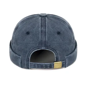 Deep blue washed denim brimless cap with adjustable metal buckle and ventilation holes