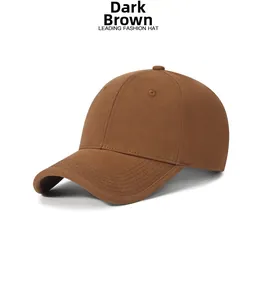 Detail of dark brown washed cotton baseball cap featuring six-panel construction and stitching