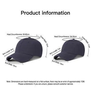 Size chart for washed cotton baseball caps showing two fit options for large head sizes