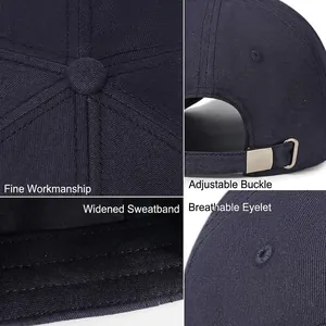 Navy washed cotton baseball cap detailing adjustable metal buckle and widened sweatband