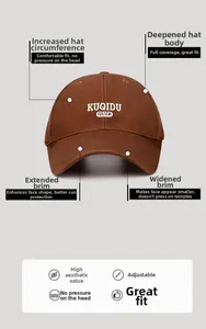 Detail of brown baseball cap with enlarged circumference and deepened cap body design