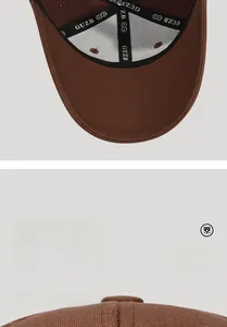Detailed interior stitching and top view of brown cotton baseball cap with embroidery