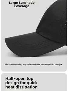 Dettaglio cappello sportivo nero semi-vuoto con visiera da 7cm per protezione solare extra