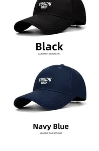 Detailed embroidery on classic black and navy blue cotton canvas baseball caps