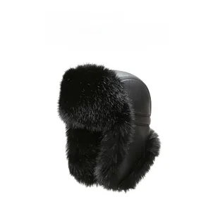 Detail of plush faux mink fur lining on windproof black PU leather winter trapper hat