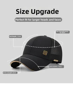 Detailed size chart for breathable mesh baseball cap showing crown depth and brim dimensions