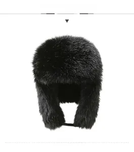Front view of black faux fur trapper hat with ear flaps and warm plush lining
