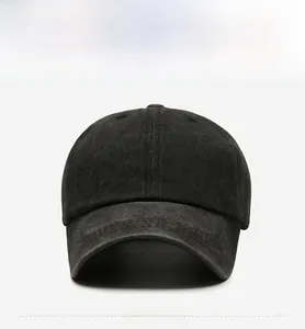 Front view of vintage washed cotton black baseball cap with six-panel structure