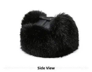 Side view of winter trapper hat showing black faux fur lining and premium leather top