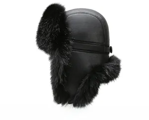 Detailed side view of black PU leather trapper hat with thick faux fur lining and buckle