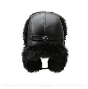 Rear view of black winter trapper hat showing leather texture and adjustable back strap