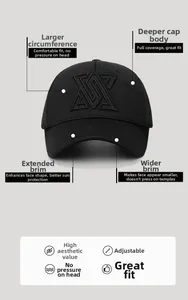 Detail of adjustable black baseball cap with wide brim and breathable twill cotton fabric
