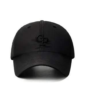 Quick-dry black baseball cap with CP embroidery and breathable side holes for sports