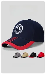 Detail of multi-color cotton baseball caps with 3D embroidery and reinforced crown