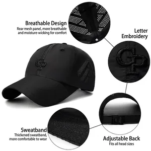 Black quick-dry sports baseball cap with GP embroidery and laser-cut ventilation holes