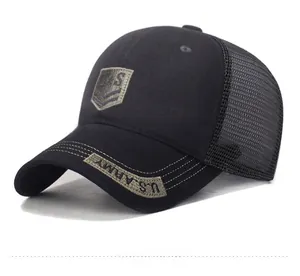 Detail view of U.S. Army embroidery and breathable mesh on black trucker hat