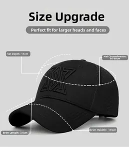 Size guide for black baseball cap showing depth, circumference, and brim measurements