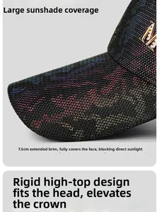 Detail view of baseball cap featuring a 7.5cm brim and rainbow mesh texture with M logo