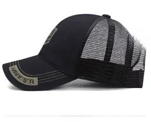 Detailed side view of black mesh baseball cap with U.S. ARMY embroidery on the brim