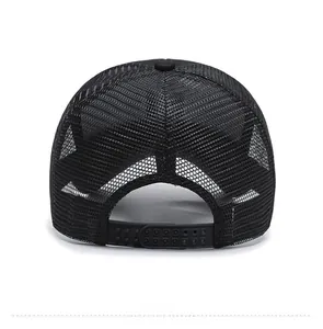 Rear view of black breathable mesh trucker hat with adjustable snapback closure