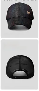 Macro shot of glittery baseball cap with metallic M logo and adjustable mesh back