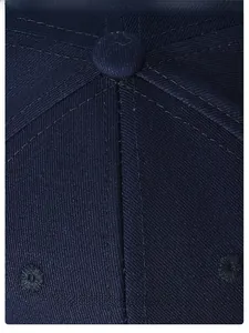 Detailed close-up of navy twill cotton cap showing precise stitching and top button texture