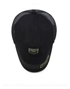 Top view of black mesh trucker hat with US shield patch and US ARMY brim embroidery