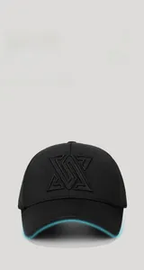 Detailed shot of structured black baseball cap with 3D embroidery and reinforced brim