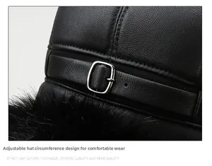 Close-up of adjustable strap and faux mink trim on a black PU leather winter hat