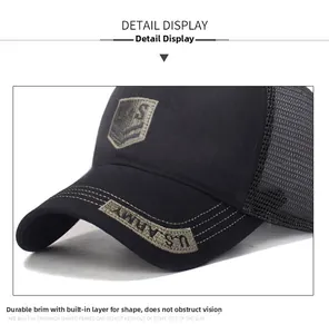Detail view of U.S. ARMY embroidery on brim and shield patch of mesh baseball cap