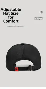Rear view of black mesh baseball cap showing adjustable strap with metal buckle and red label