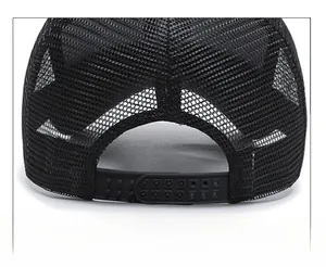 Detail of adjustable snapback closure and breathable mesh on the black trucker hat