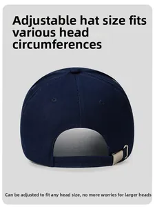 Detail of adjustable metal buckle and strap on navy blue cotton baseball cap