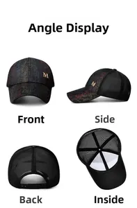Multi-angle view of the iridescent baseball cap with metallic M logo and breathable mesh