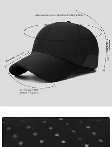 Detail of waterproof quick-dry sports cap with laser-cut vents and size measurements