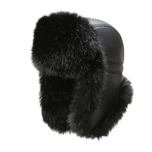 Winter faux leather trapper hat with thick black faux fur lining for extreme cold weather