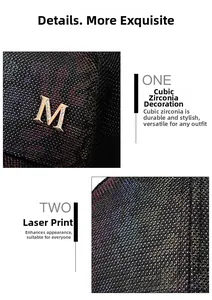 Detail of laser iridescent baseball cap featuring a metal M logo with rhinestones