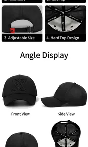 Detail view of black baseball cap with mesh back, adjustable metal buckle and 3D embroidery