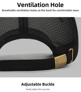 Detail of breathable mesh back and adjustable bronze metal buckle on black baseball cap
