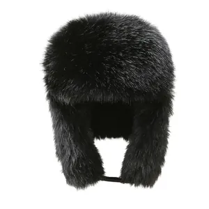 Plush faux fur winter trapper hat in black with ear flaps for extreme cold weather