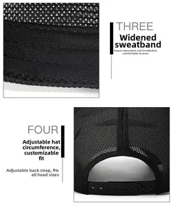 Detail of widened sweatband and adjustable snapback closure on black mesh baseball cap