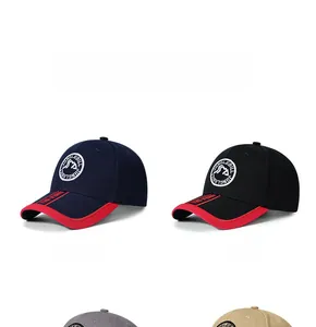Detail of multi-color baseball caps in navy blue and black with embroidered logo
